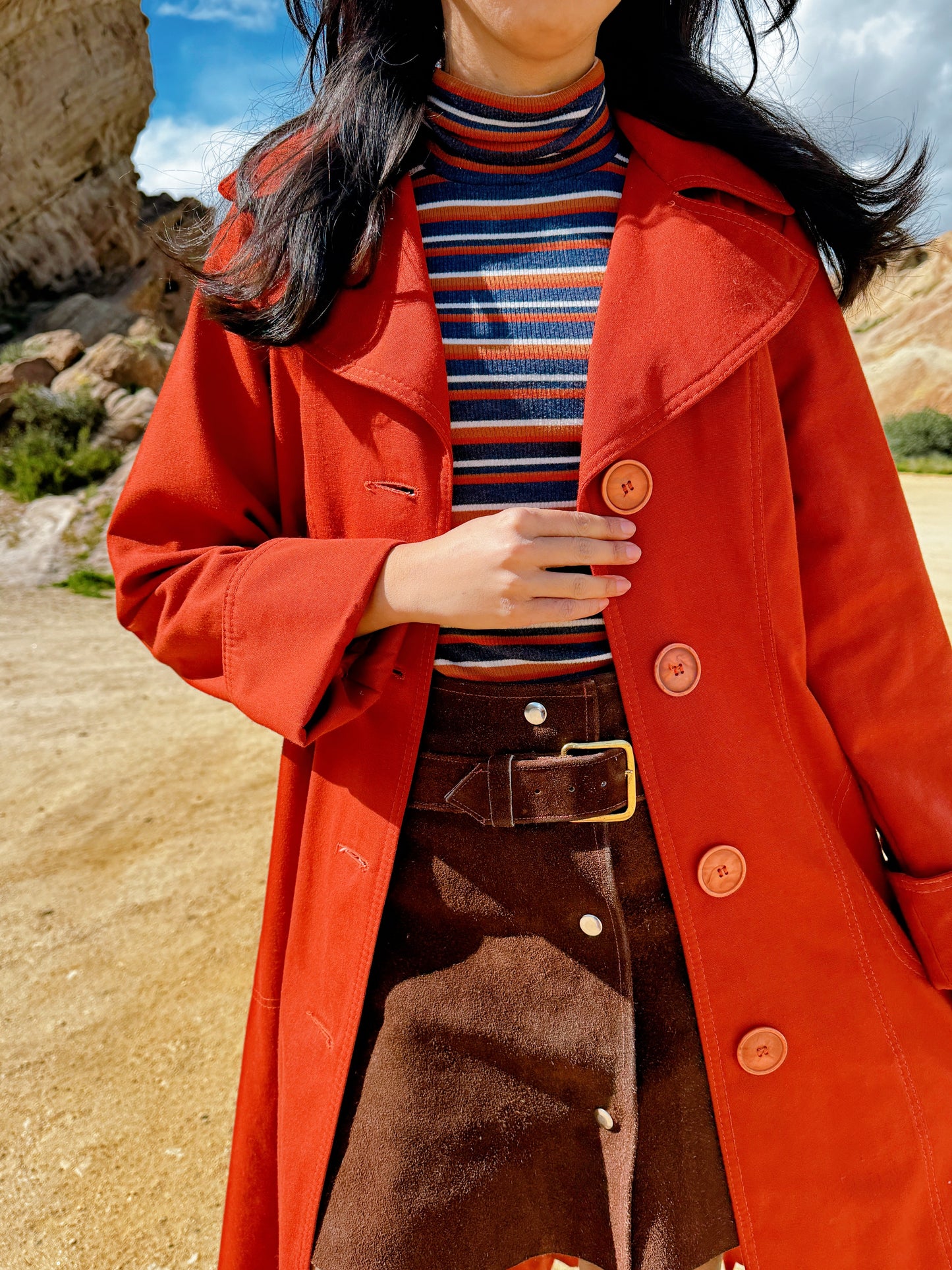 1970s Brick Red Trench Coat with Detachable Hood