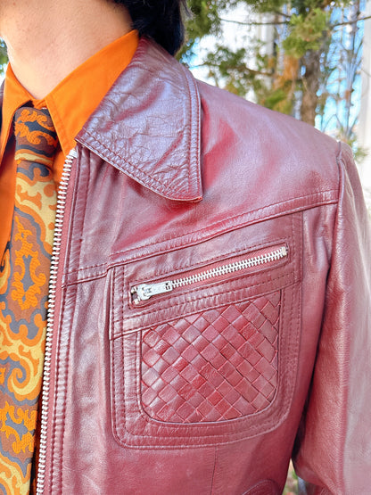 1970s Burgundy Basket Weave Pockets and Metal Zipper Leather Jacket