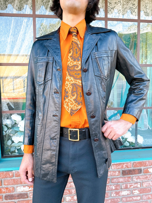 1970s Black Leather Blazer Jacket by The Tannery Montgomery Ward