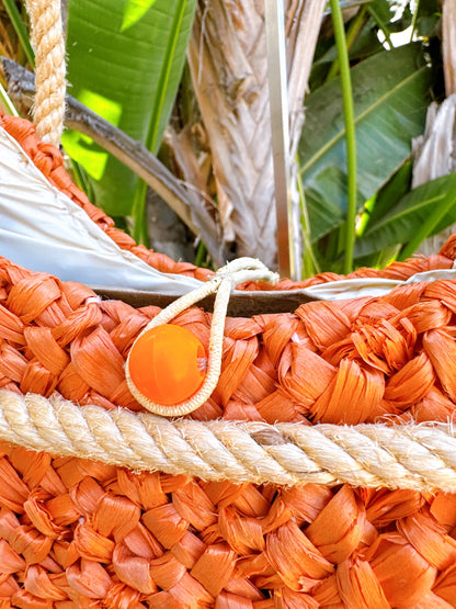 1960s Orange Raffia and Rope Handles Insulated Tote Bag