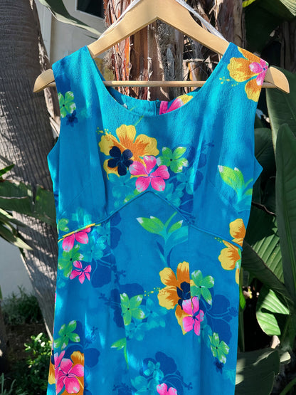 1960s Turquoise & Hot Pink Hawaiian Maxi Dress