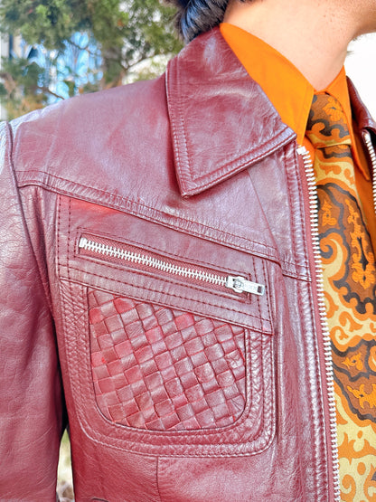 1970s Burgundy Basket Weave Pockets and Metal Zipper Leather Jacket