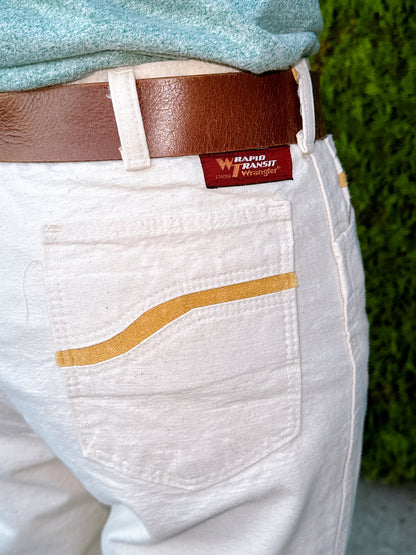 1970s Cream and Yellow Stripe Pocket Wrapid Transit by Wranglers Pants 34 x 32