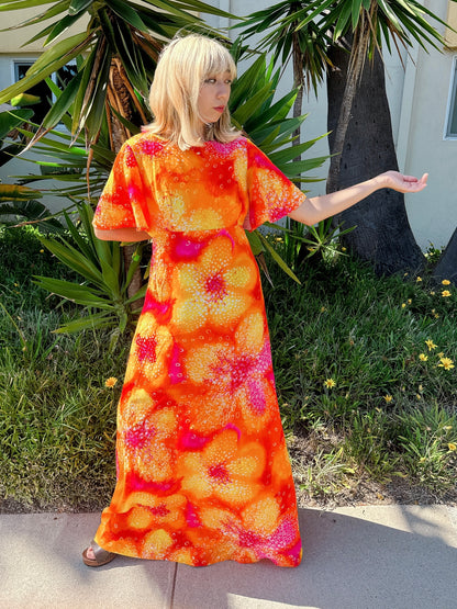 1970s Neon Orange Flutter Sleeve Maxi Hawaiian Dress