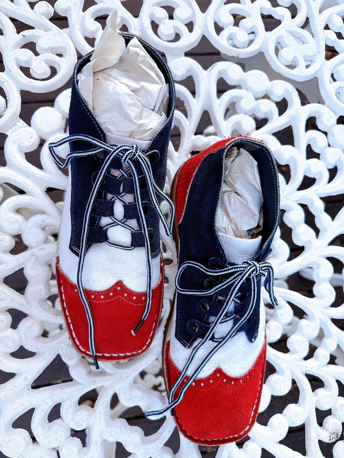 1960s Red, White, & Blue Leather and Suede Lace Up Boots Men’s Size 9