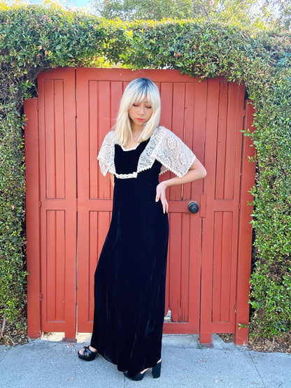 1970s Black Velvet and Lace Cape Maxi Dress