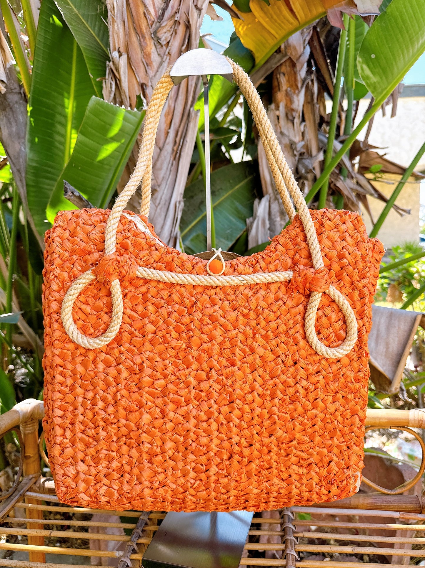 1960s Orange Raffia and Rope Handles Insulated Tote Bag