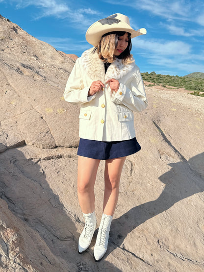 1990s Deadstock White Genuine Leather Jacket with Removable Faux Fur Collar