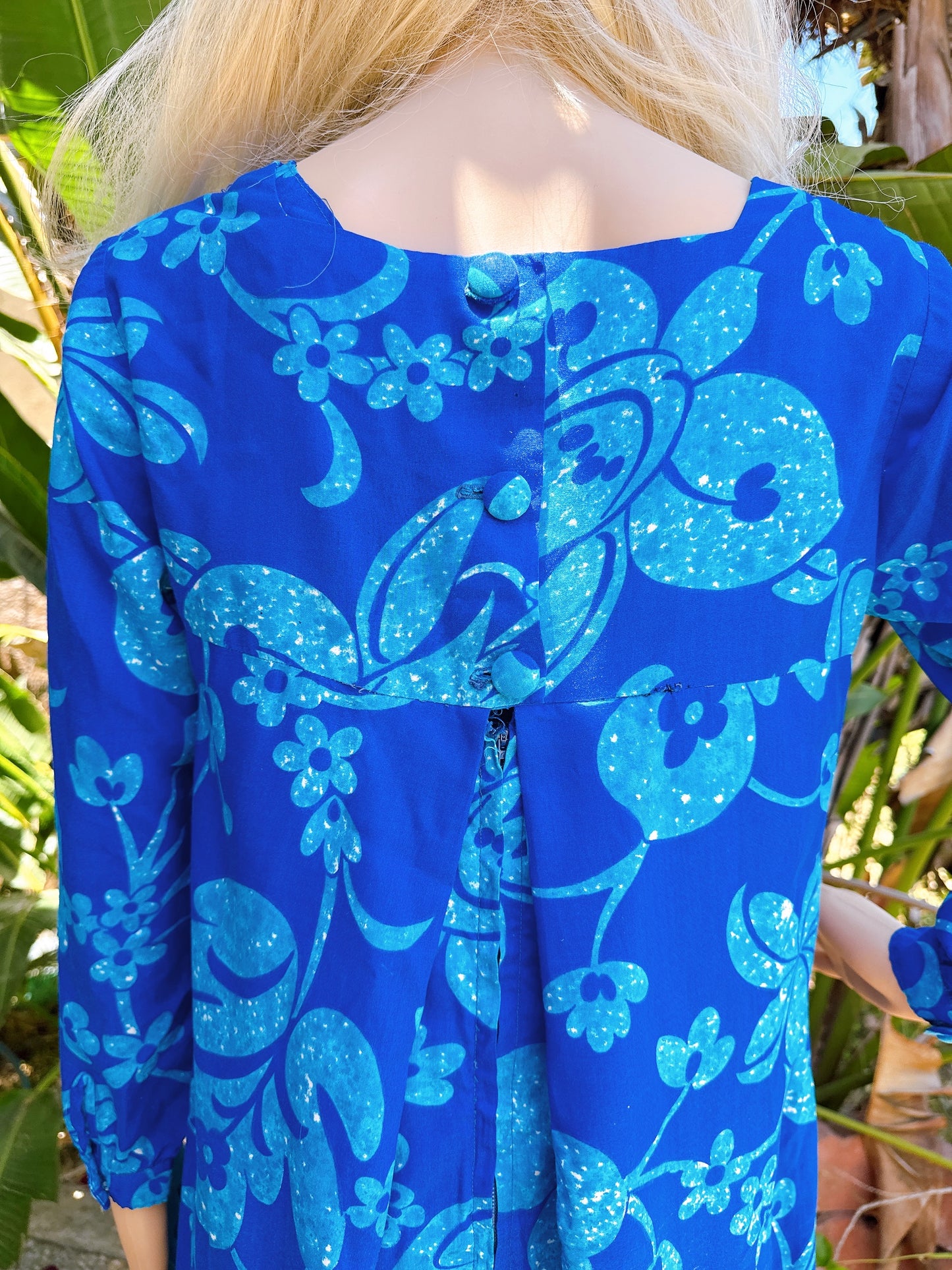 1960s Blue Hawaiian Long Sleeve Maxi Dress