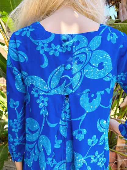 1960s Blue Hawaiian Long Sleeve Maxi Dress