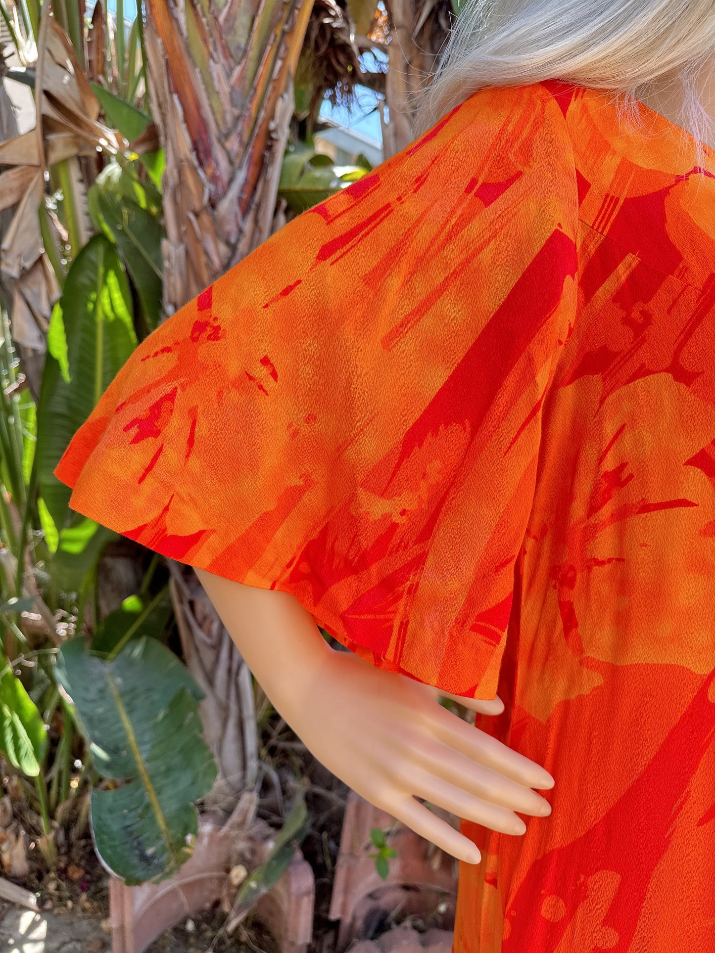 1970s Orange Acid Flutter Sleeve Hawaiian Maxi Dress