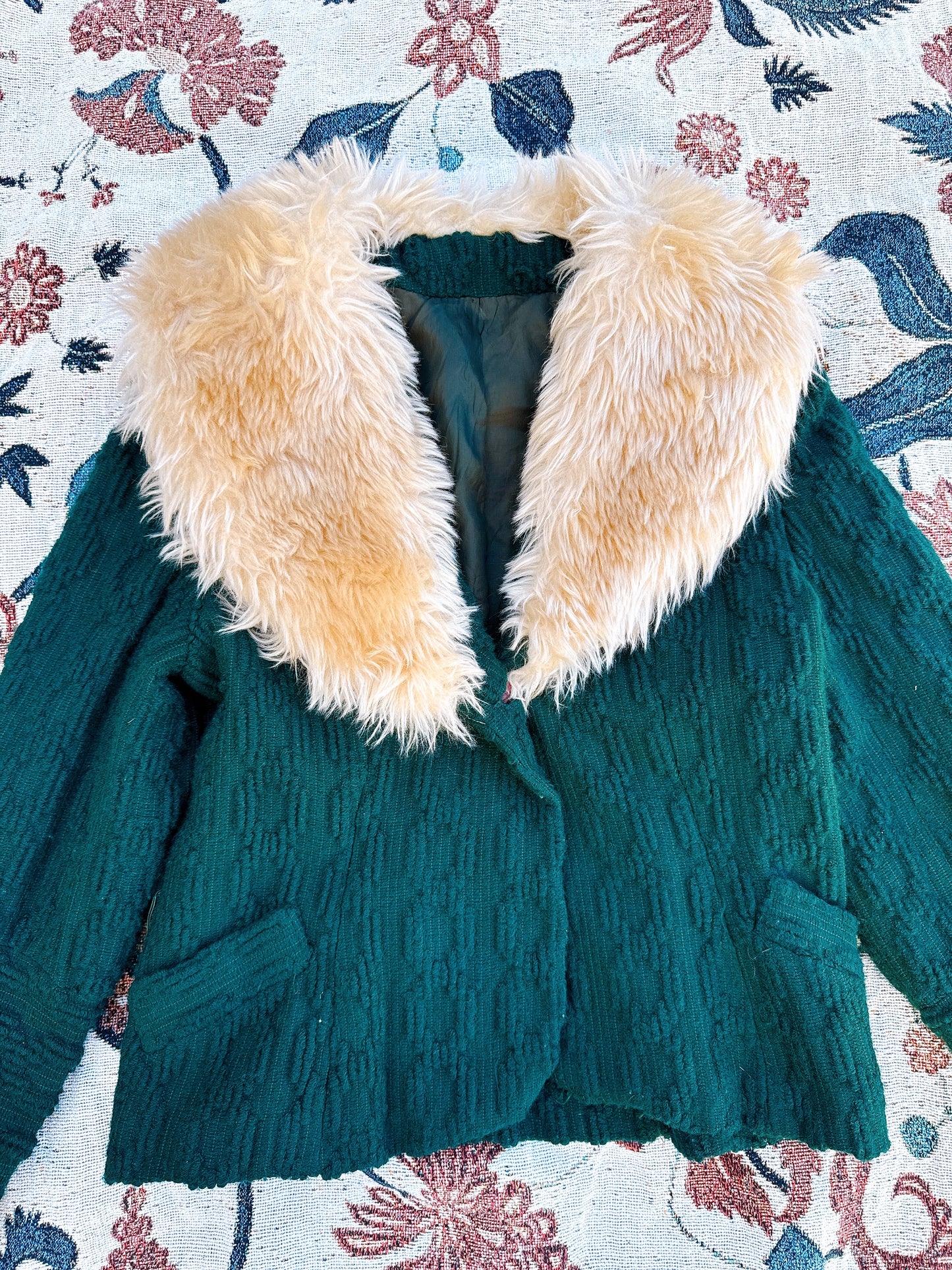 1970s Deep Pine Boucle & Faux Fur Collar Jacket