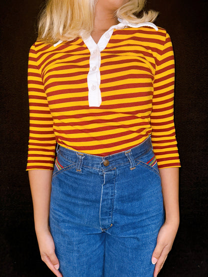 1970s Red & Yellow Striped Polo Dagger Collar Top