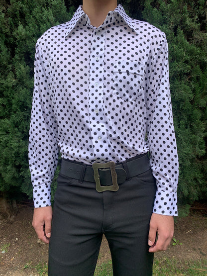 1970s Deadstock White and Black Polka Dot Polyester Shirt