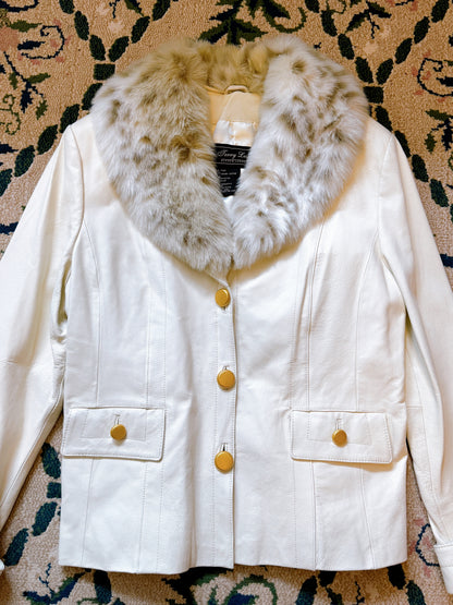 1990s Deadstock White Genuine Leather Jacket with Removable Faux Fur Collar