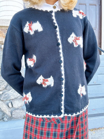 Vintage Scottish Terrier Scottie Dog Novelty Black & White Knit Cardigan