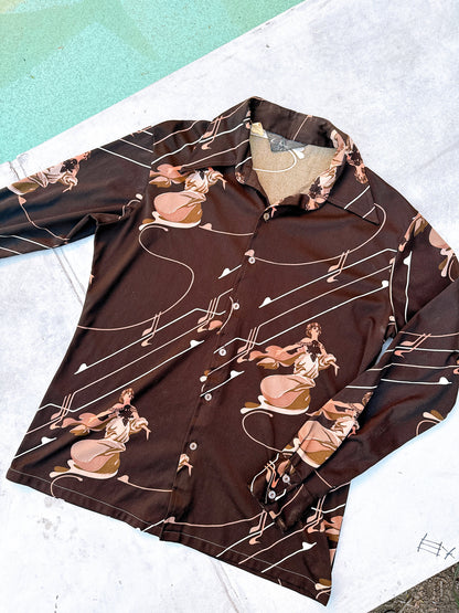 1970s Novelty Musical Goddess Chocolate Brown Polyester Disco Button Up Top