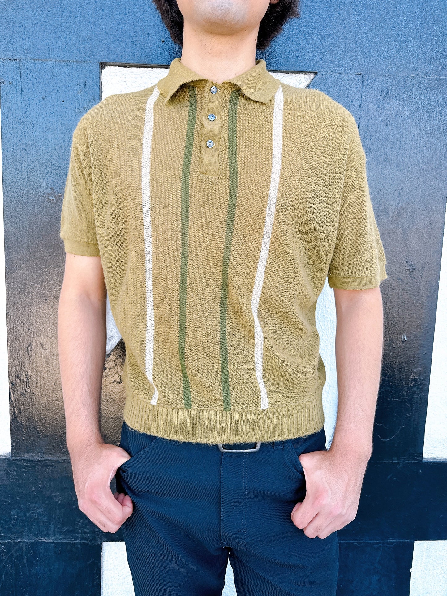 1960s Olive & White Stripe Knit Polo Top