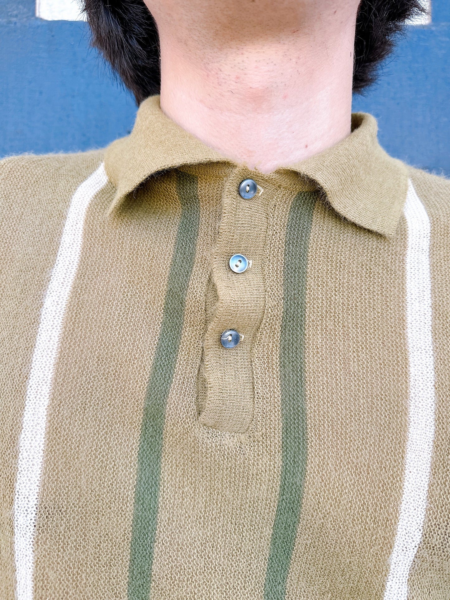 1960s Olive & White Stripe Knit Polo Top