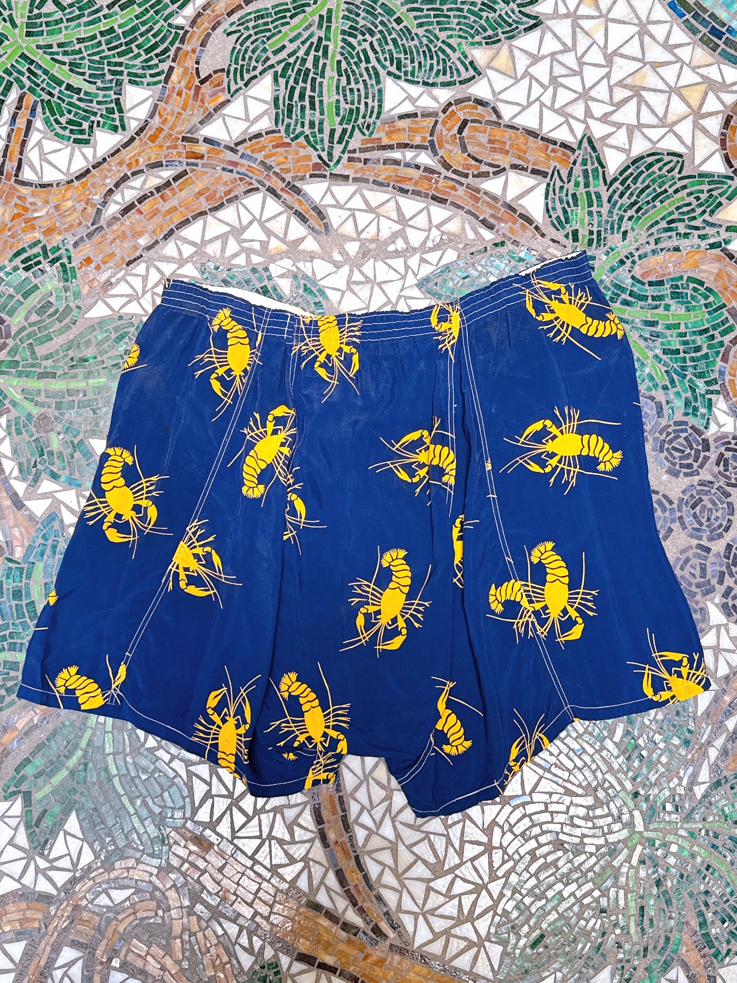 1940s Crawfish Lobster Novelty Navy & Yellow Boxer Shorts Waist 34” - 40”