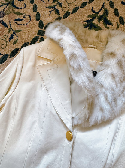 1990s Deadstock White Genuine Leather Jacket with Removable Faux Fur Collar