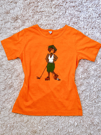 1970s Novelty Golf Lady Orange Graphic T-Shirt