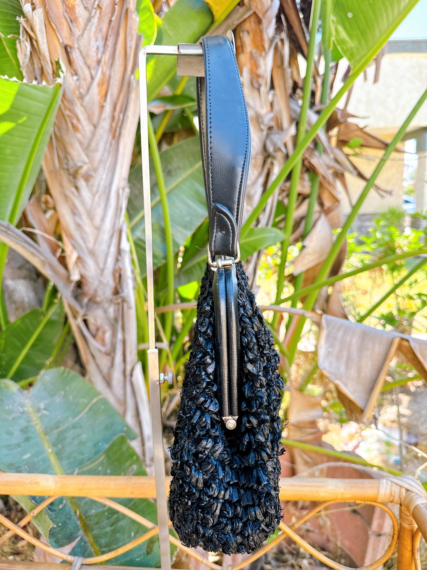 1960s Black Raffia Straw and Leather Purse