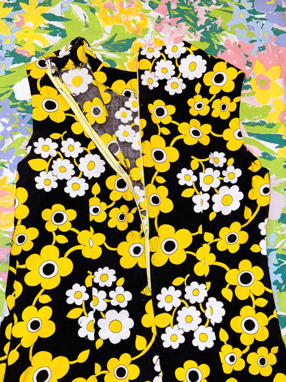 1960s Black & Yellow Flower Power Shift Dress