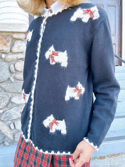 Vintage Scottish Terrier Scottie Dog Novelty Black & White Knit Cardigan