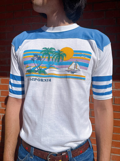 1970s “California” Sunset Novelty Raglan White & Blue T-Shirt