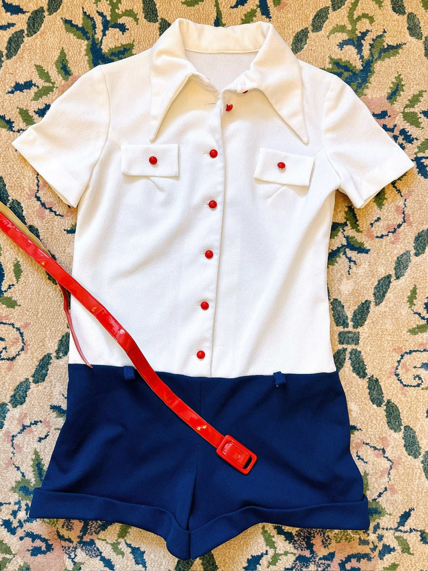 1970s Dagger Collar Navy / White / Red Hot Pants Mini Romper