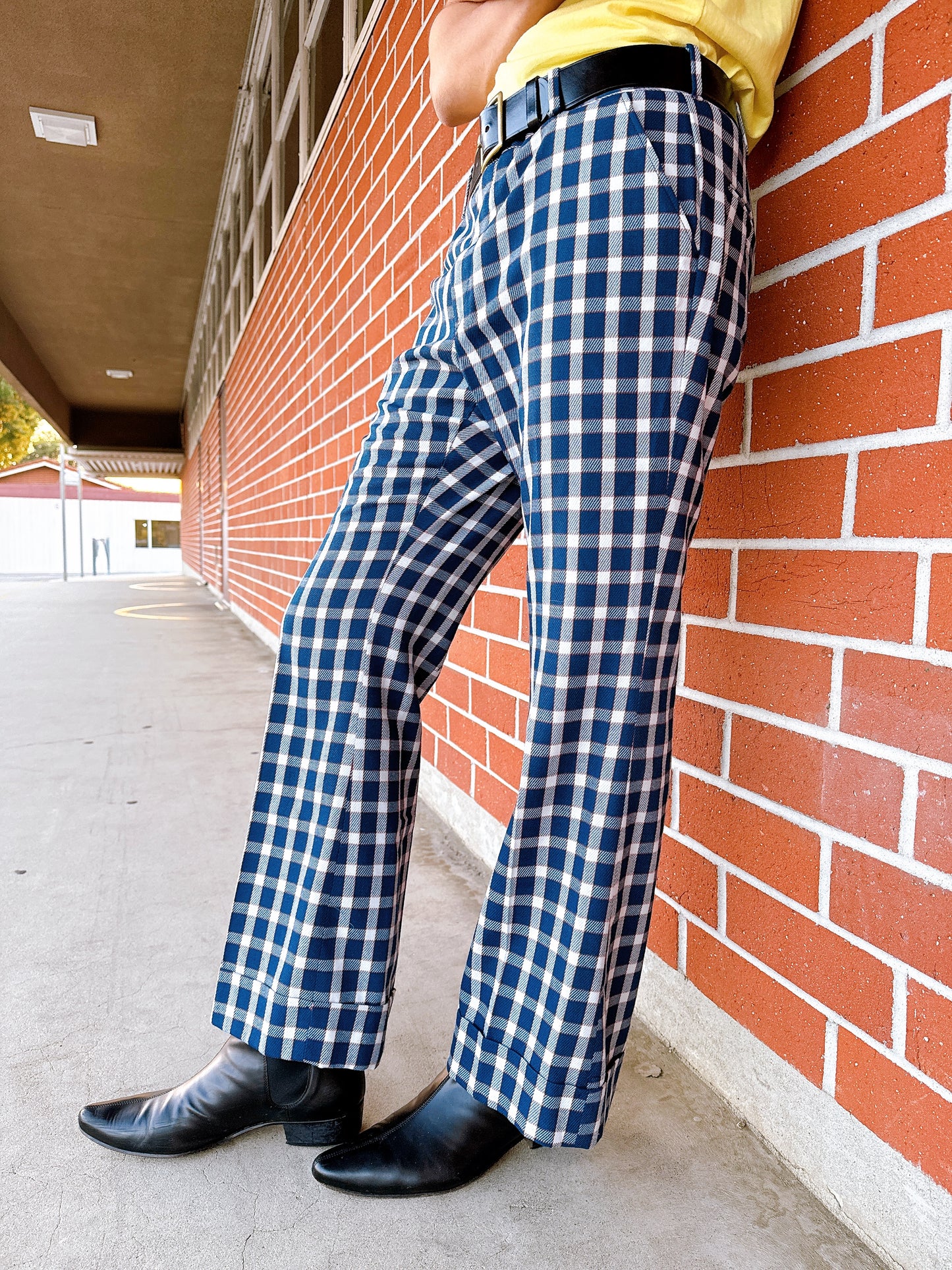 1970s Blue & White Plaid Flare Cuffed Levi’s Panatela Pants 36x31