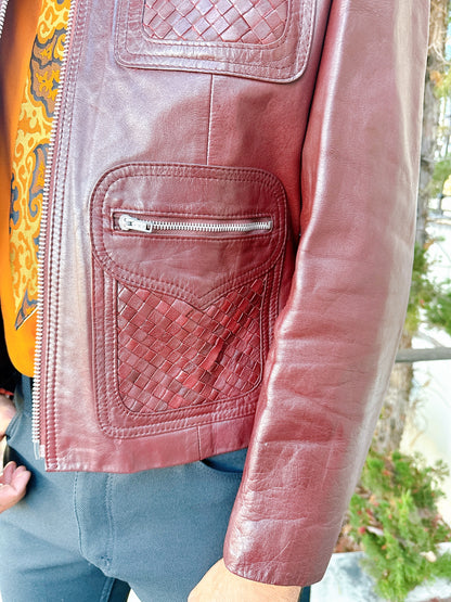 1970s Burgundy Basket Weave Pockets and Metal Zipper Leather Jacket