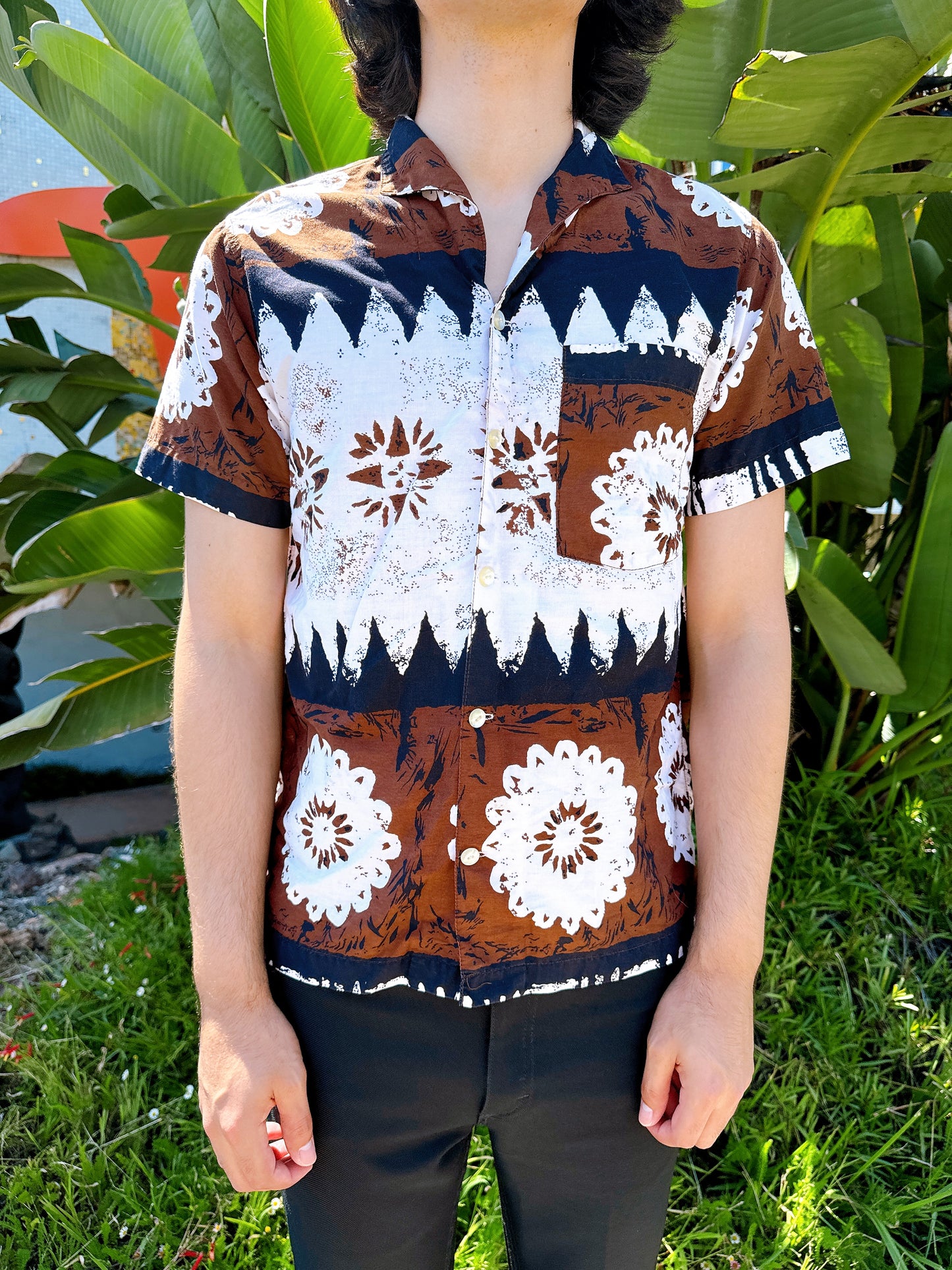 1960s Brown, Black, & White Hawaiian Shirt