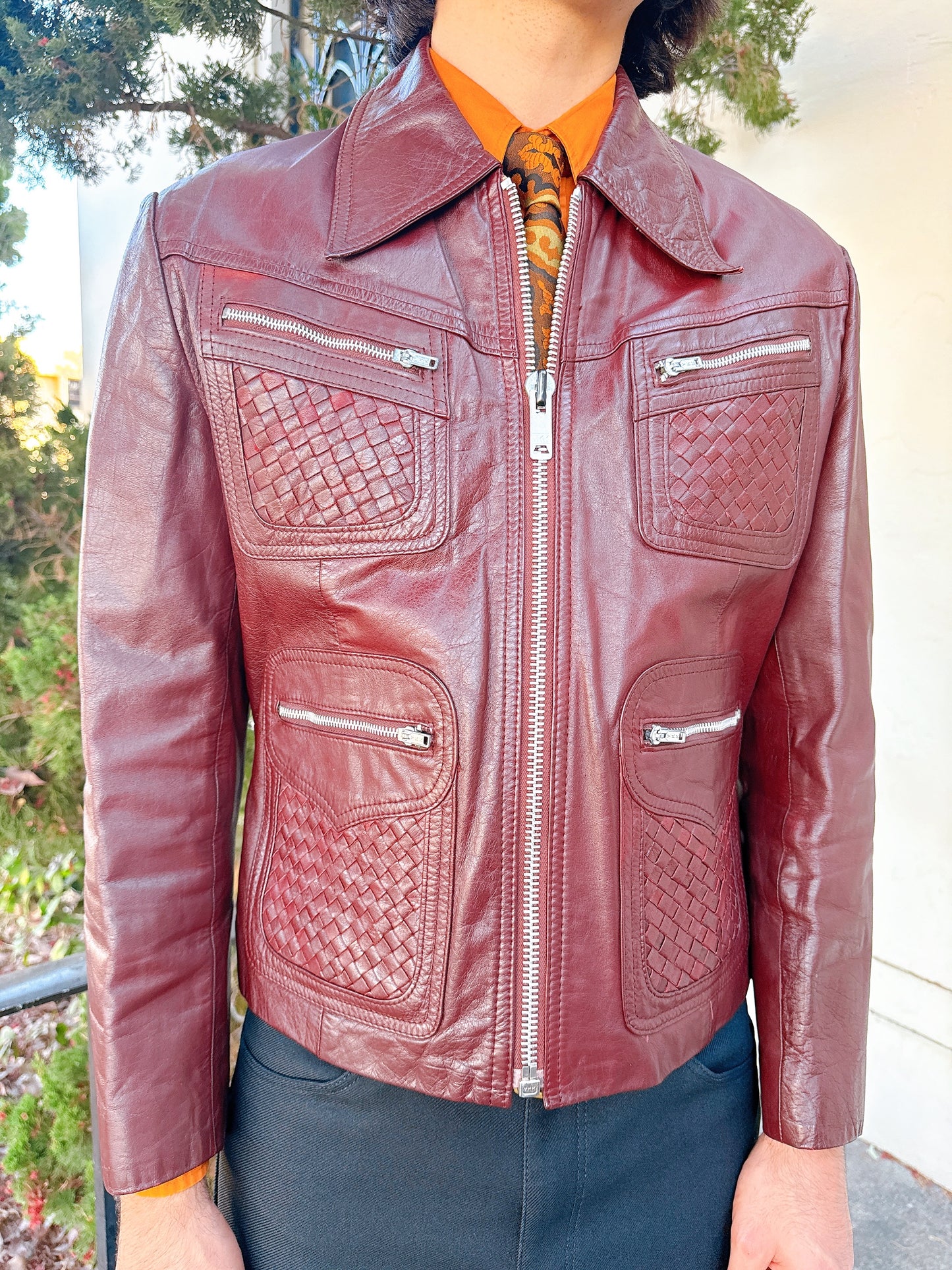 1970s Burgundy Basket Weave Pockets and Metal Zipper Leather Jacket