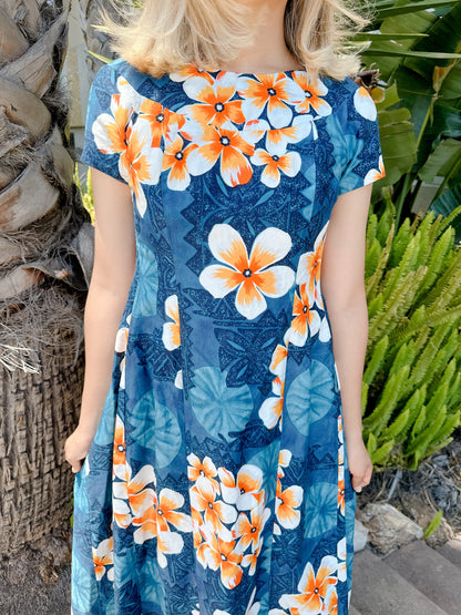 1960s Blue Plumeria Floral Hawaiian Maxi Dress