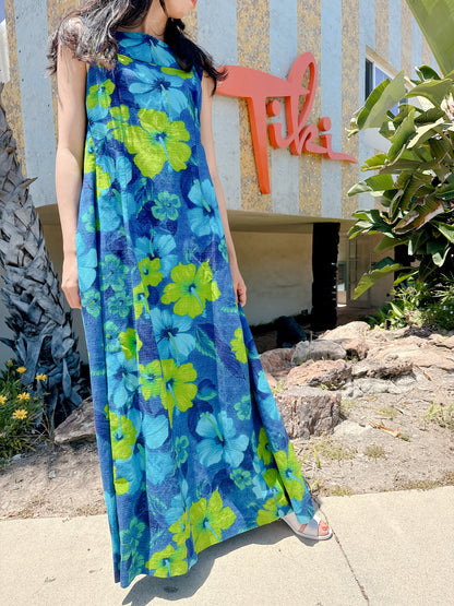 1960s Psychedelic Barkcloth Hibiscus Hawaiian Maxi Dress