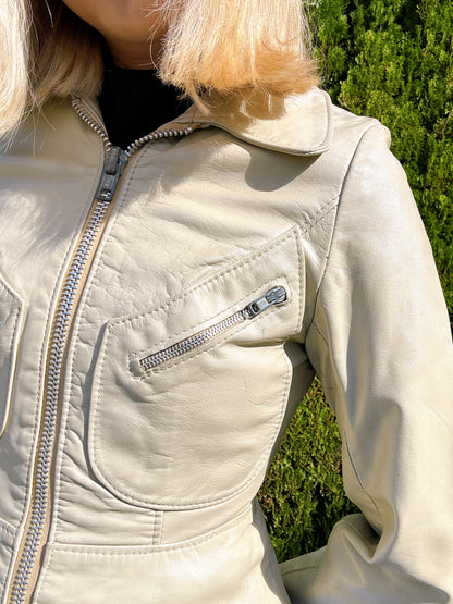 1970s Cream Petite Leather Jacket Acme Zipper