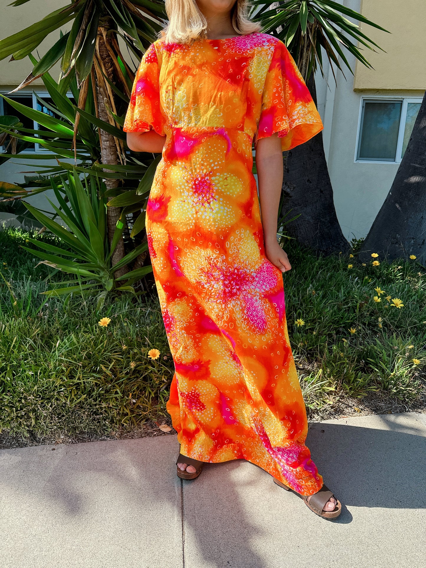 1970s Neon Orange Flutter Sleeve Maxi Hawaiian Dress