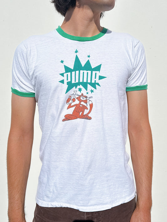 1970s 1980s Puma Panther Pistol White & Green Ringer T-Shirt