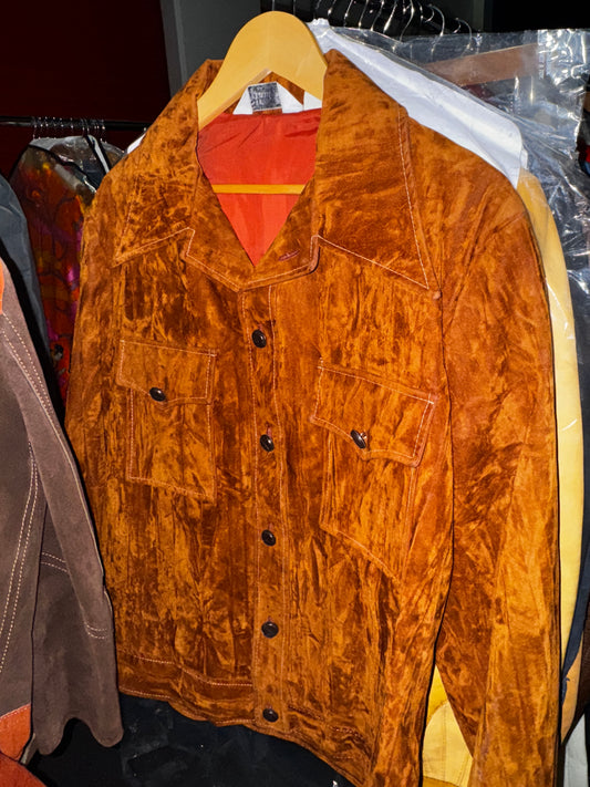 1970s Burnt Orange Crushed Velour Dagger Collar Jacket