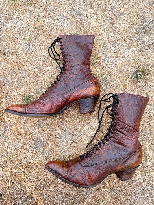 1900s Edwardian Antique Brown Leather Lace Up Boots Size 6