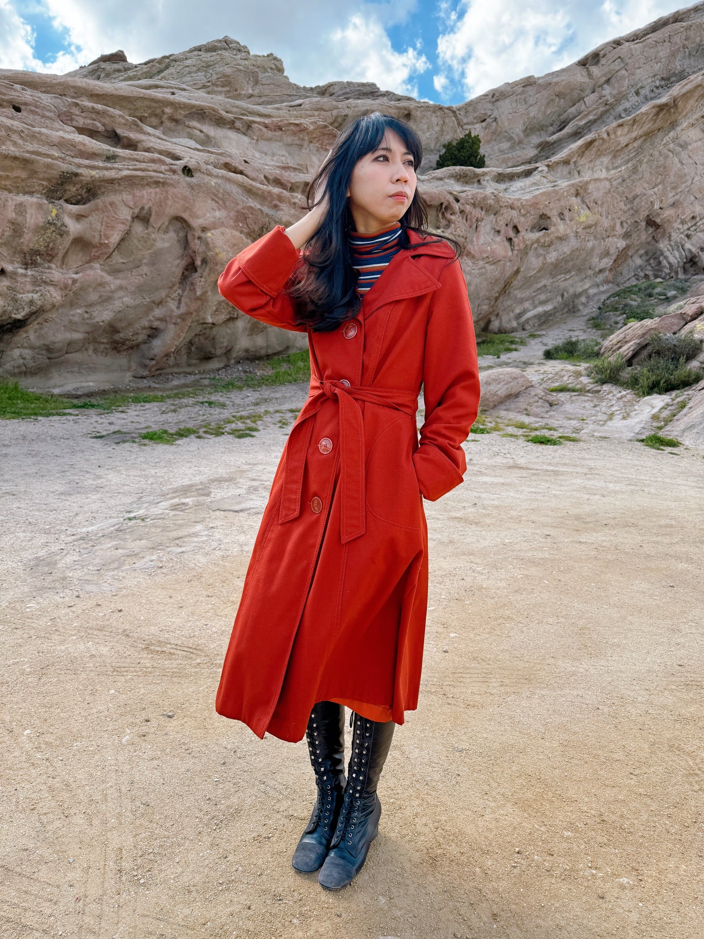 1970s Brick Red Trench Coat with Detachable Hood