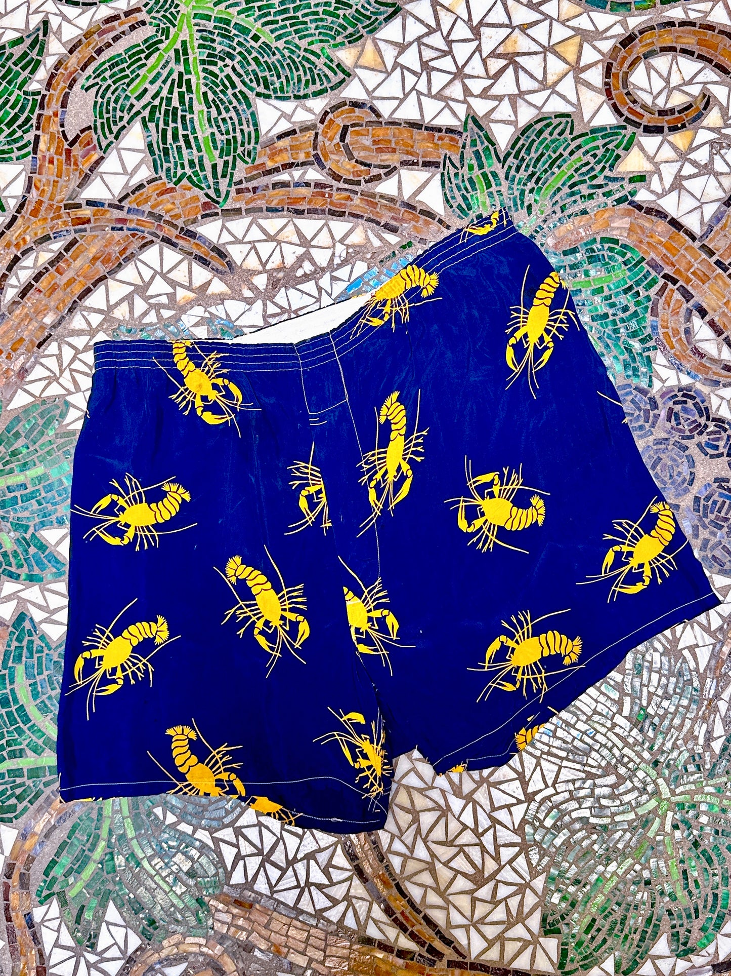 1940s Crawfish Lobster Novelty Navy & Yellow Boxer Shorts Waist 34” - 40”