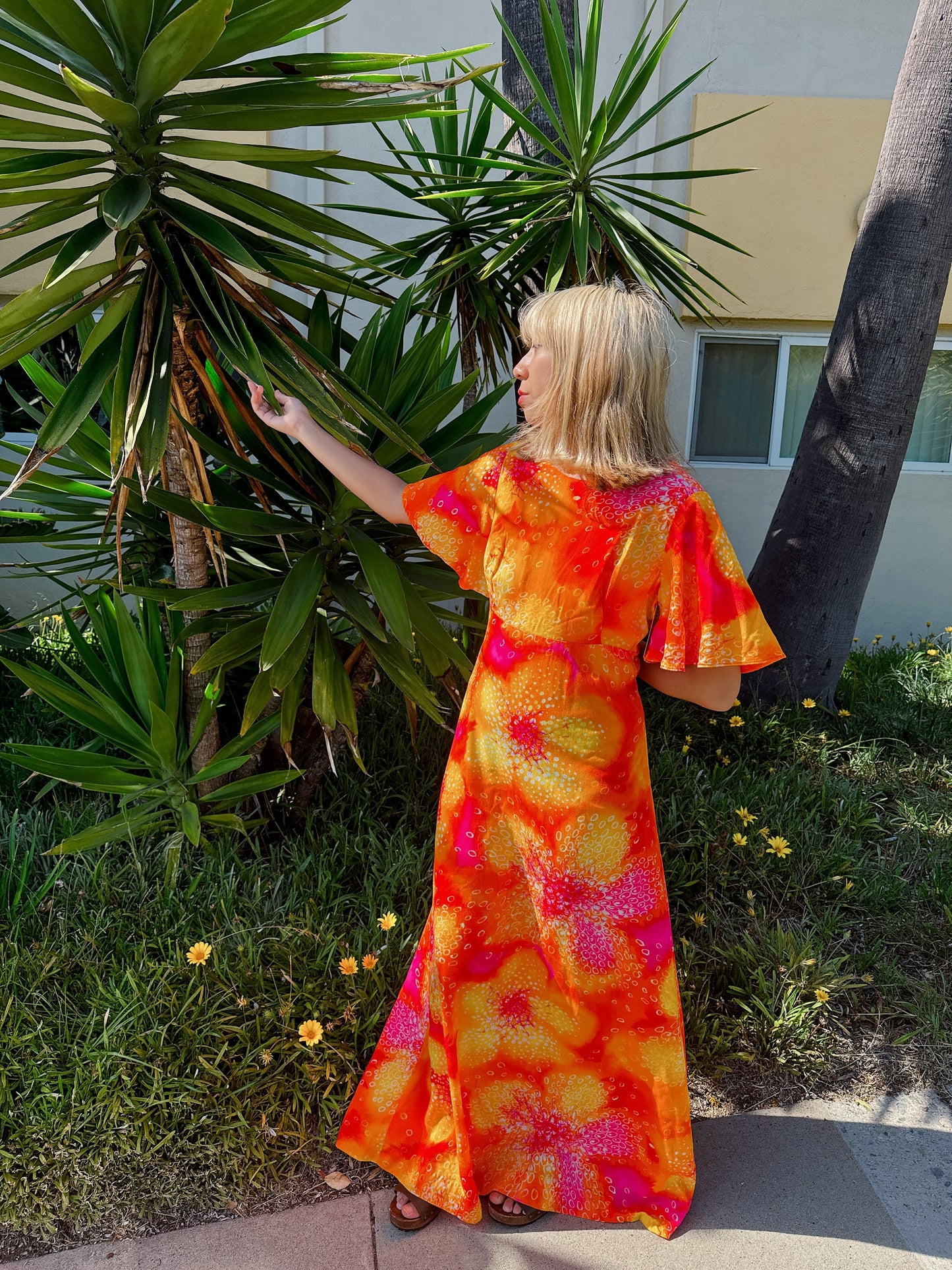 1970s Neon Orange Flutter Sleeve Maxi Hawaiian Dress