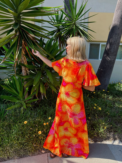 1970s Neon Orange Flutter Sleeve Maxi Hawaiian Dress