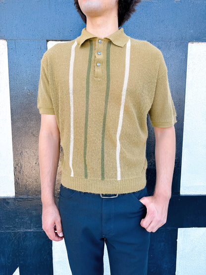 1960s Olive & White Stripe Knit Polo Top