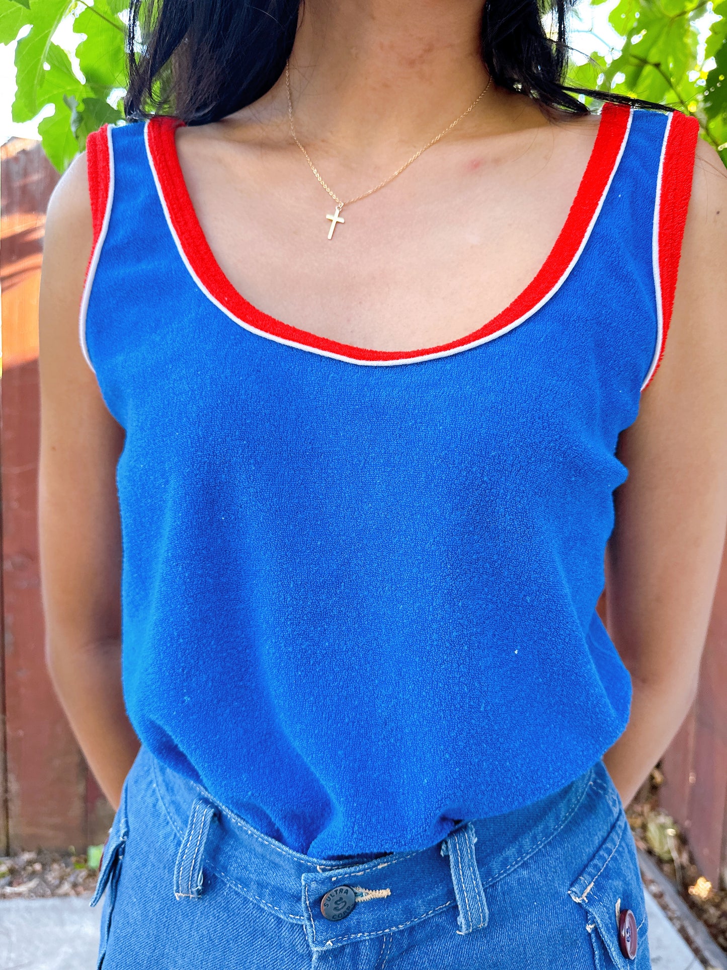 1970s Blue & Red Ringer Terry Cloth Tank Top