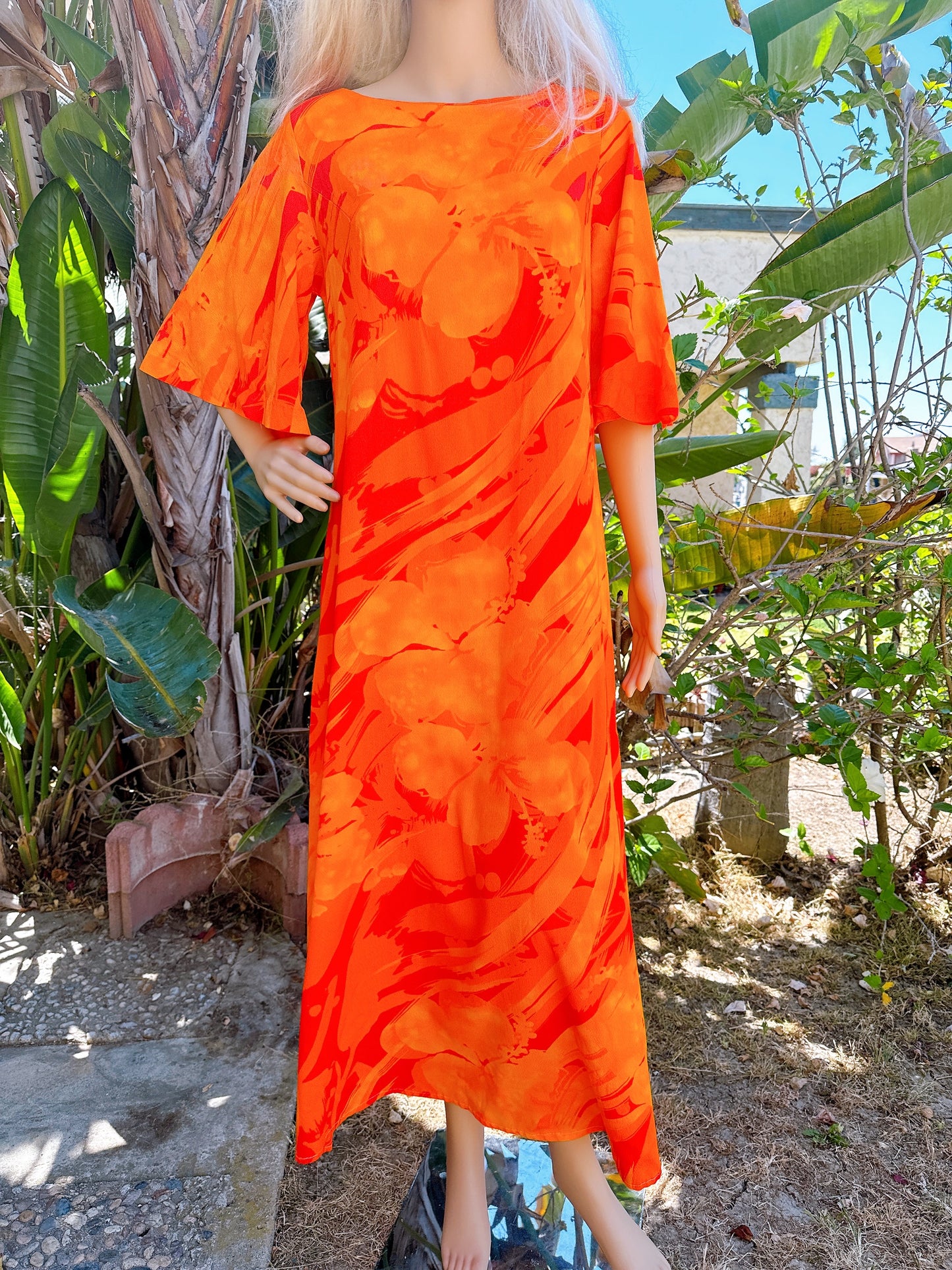 1970s Orange Acid Flutter Sleeve Hawaiian Maxi Dress