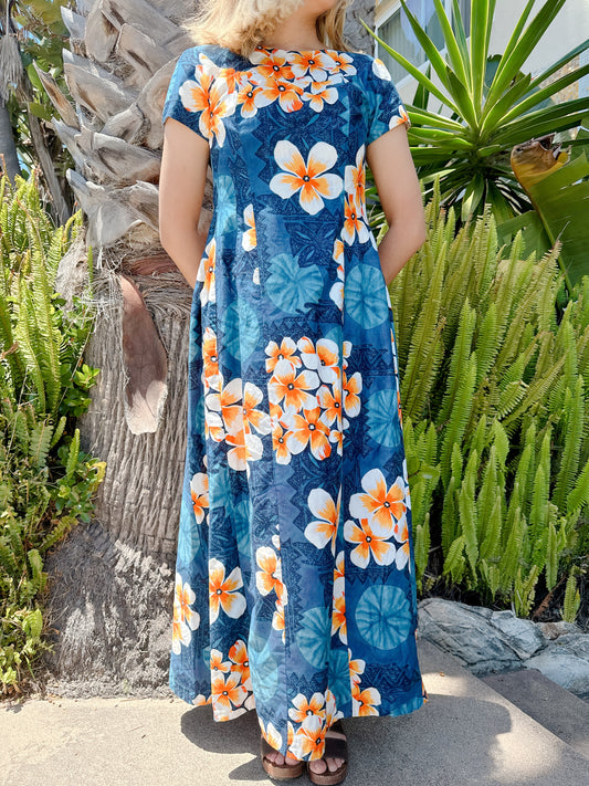 1960s Blue Plumeria Floral Hawaiian Maxi Dress